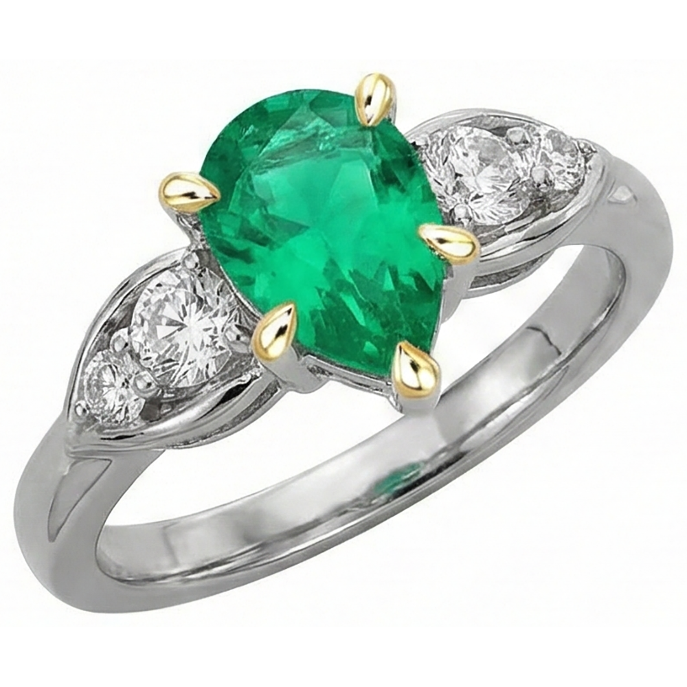 Pear Cut Fine Emerald ring in Two-Tone 14K Gold – side view