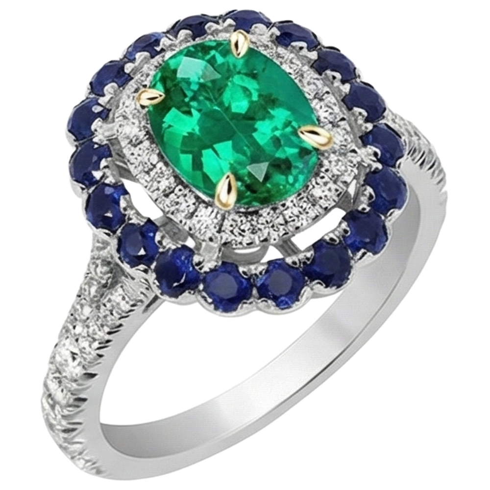 Oval Colombian Emerald ring in 14 Karat Two Tone Gold – side view