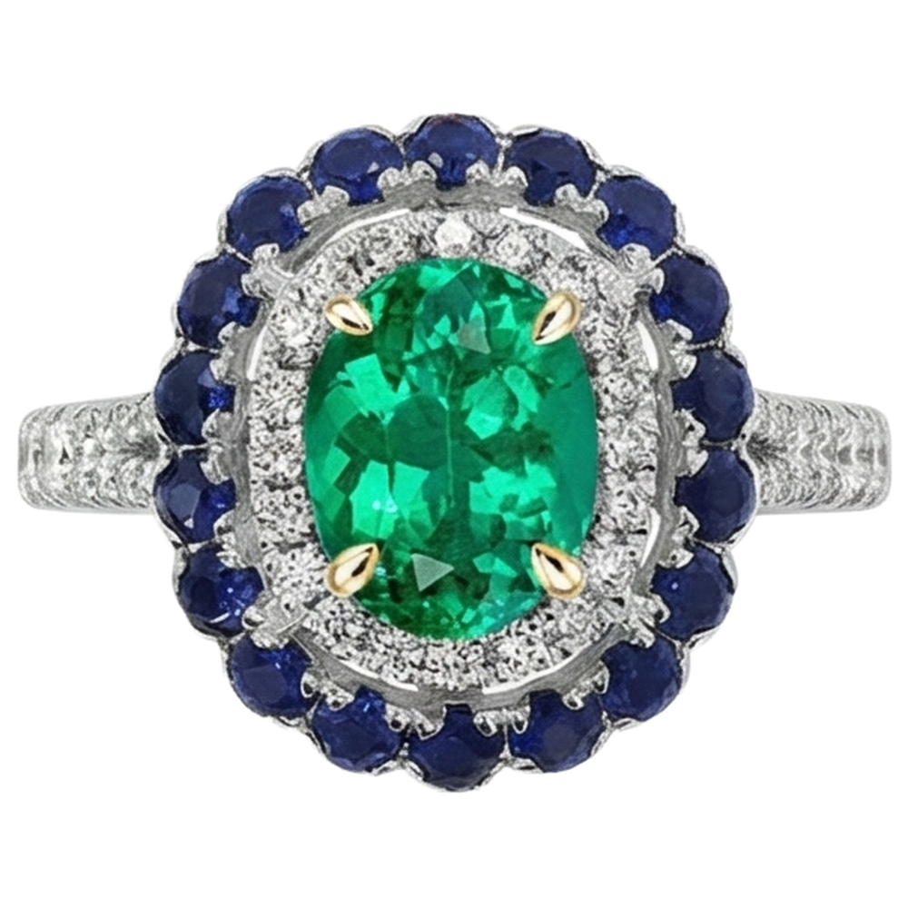 Colombian Emerald Oval Precious Stone Ring in 14 Karat Two Tone Gold – angle view