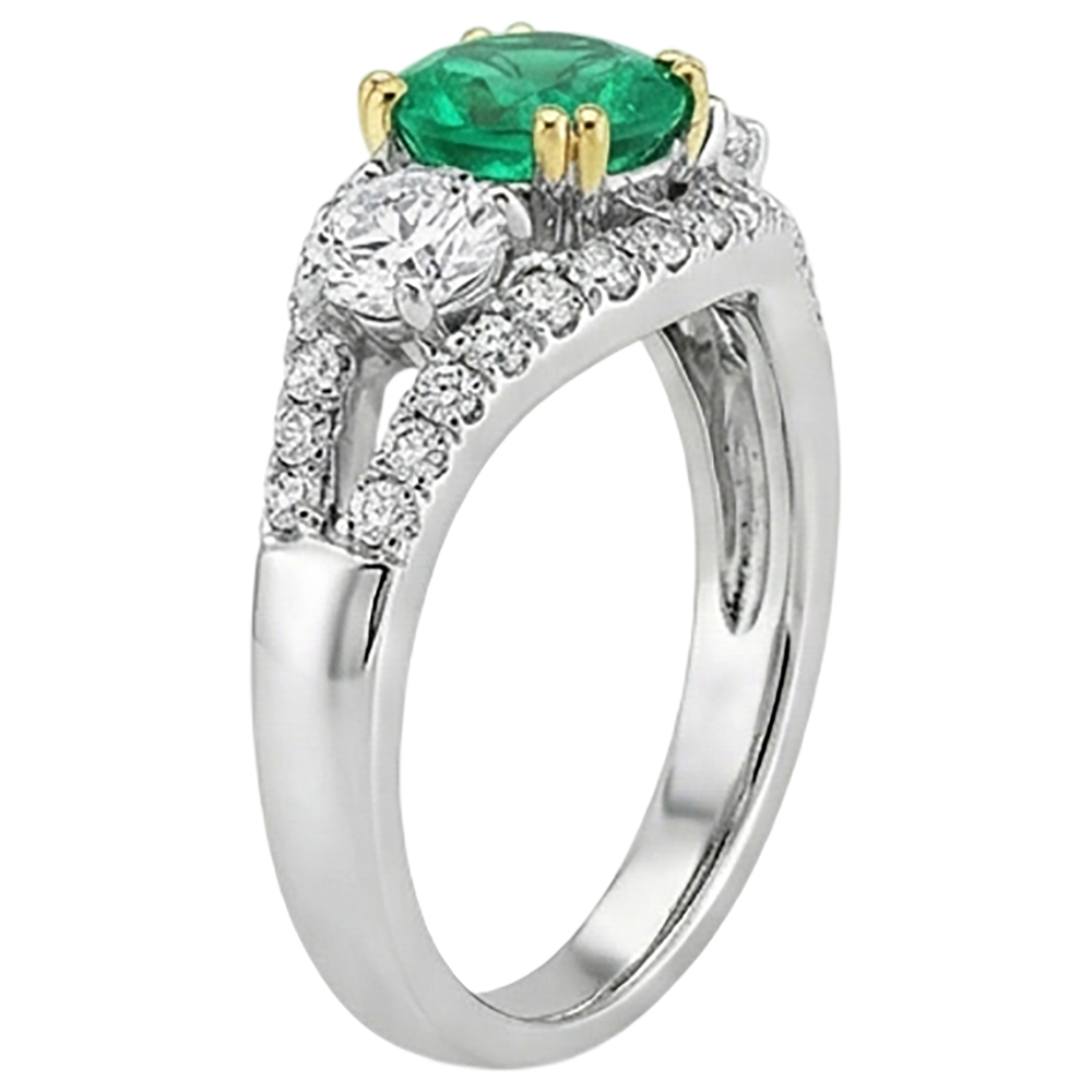 Round Cut Colombian Emerald ring in 14 Karat Two Tone Gold – top view