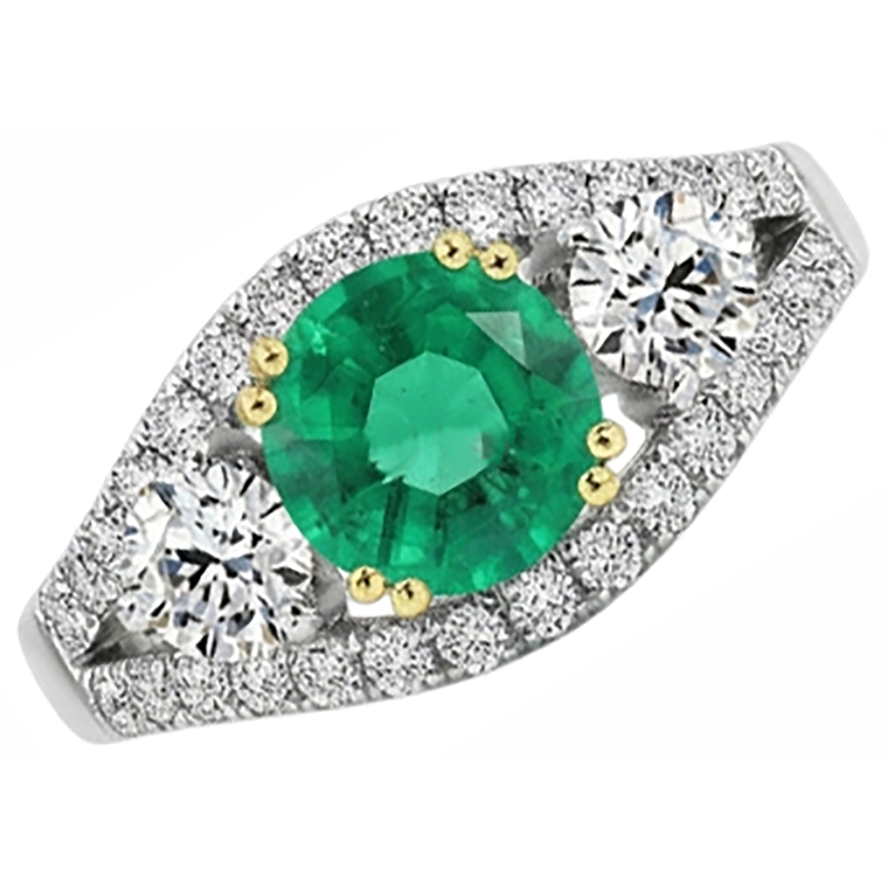 Precious Stone Ring 14 Karat Two Tone Gold with Colombian Emerald – angle view