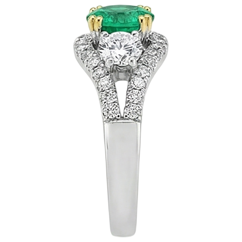 Colombian Emerald Round Cut Precious Stone Ring in 14 Karat Two Tone Gold – back view