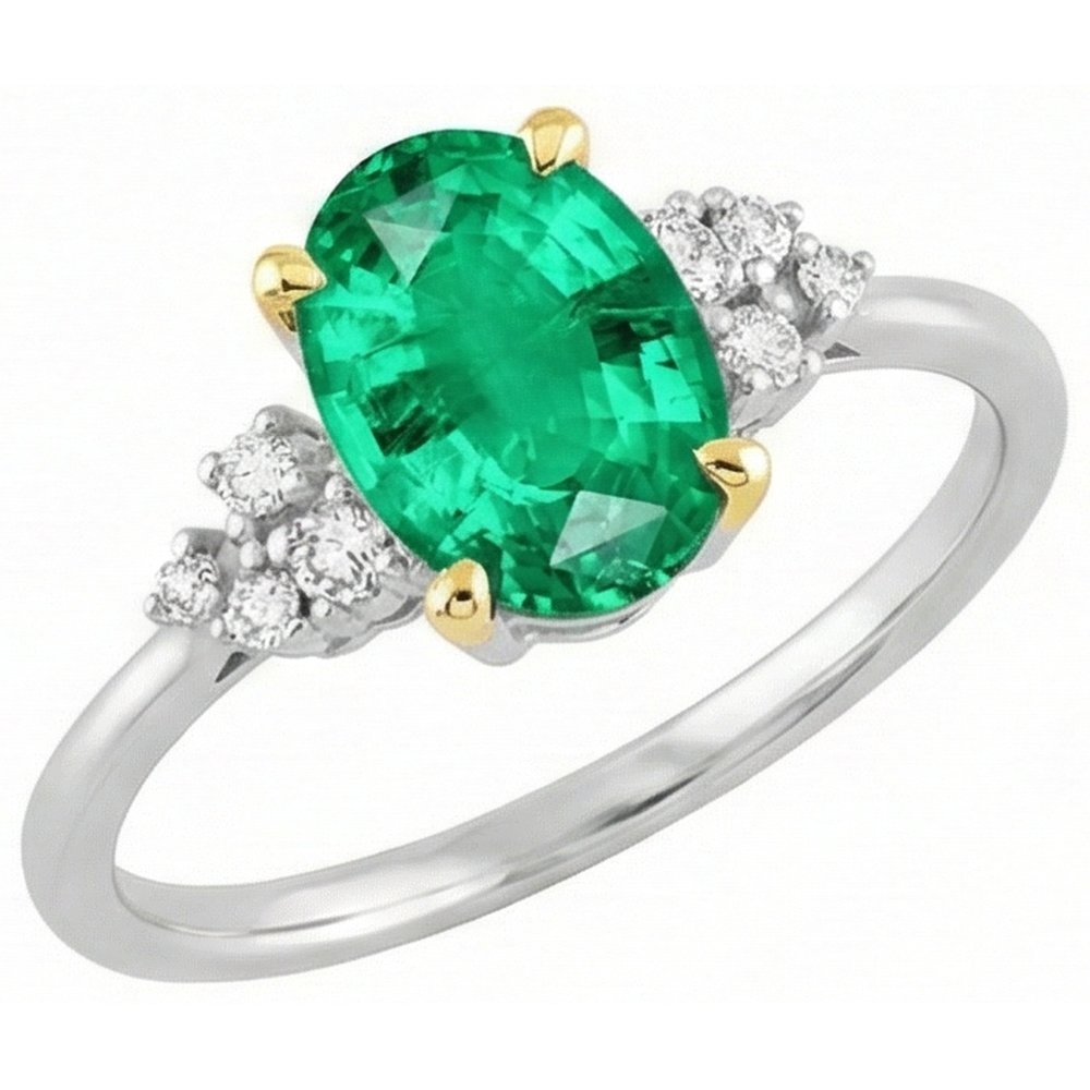 Precious Stone Ring 14 Karat Two Tone Gold with Emerald – front view