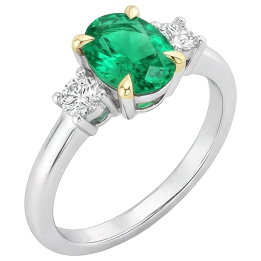 Authentic Colombian Emerald Precious Stone Ring 2 ct 14K Two Tone Gold – front view
