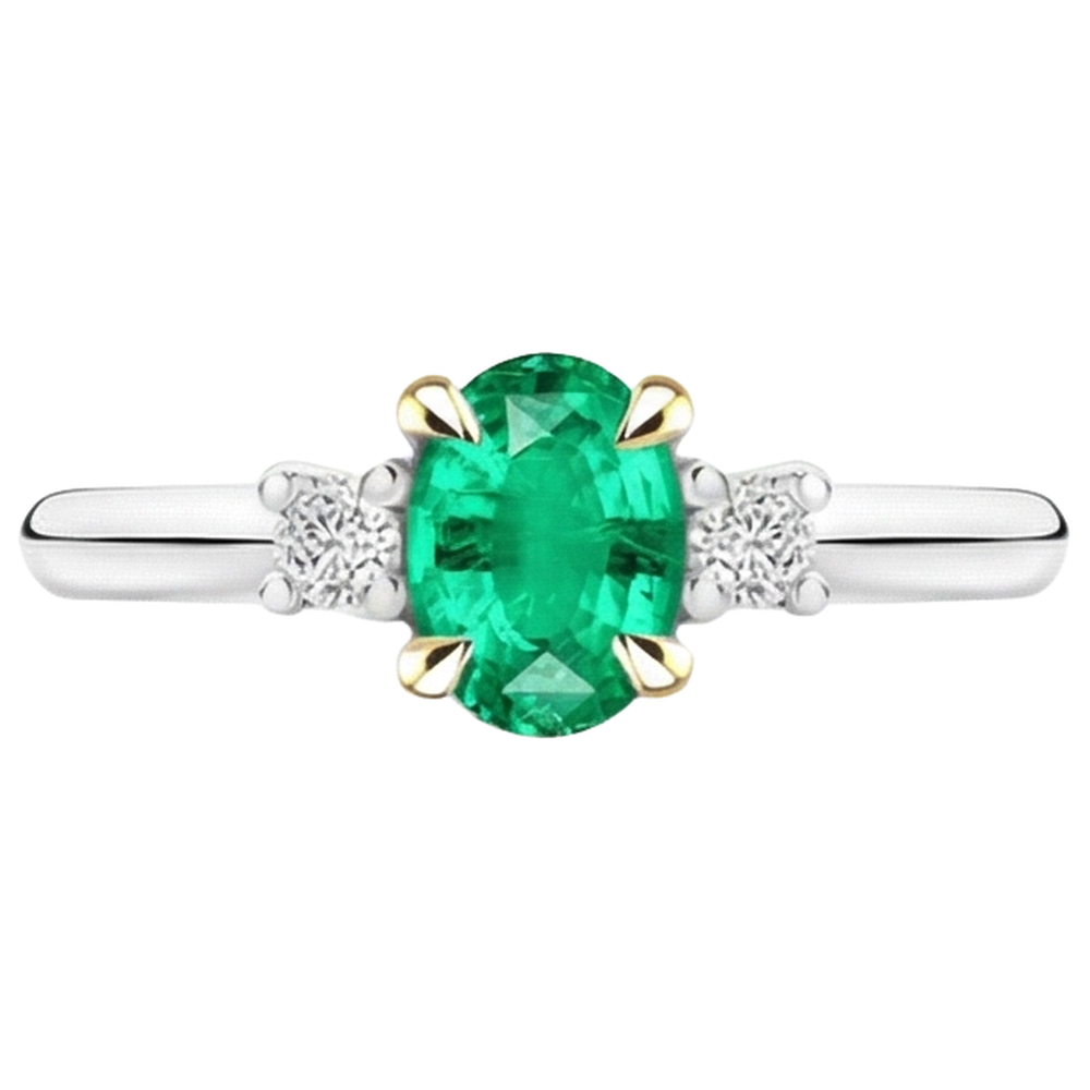 Colombian Emerald Oval Precious Stone Ring in 14K Two Tone Gold – top view