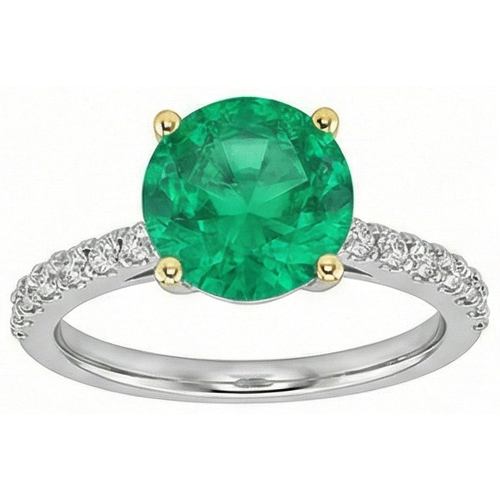 Round Cut Colombian Emerald ring in Two-Tone 14K Gold – front view