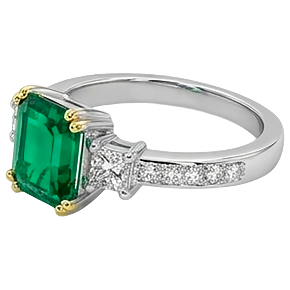 Colombian Emerald Precious Stone Ring 2-ct 14 Karat Two Tone Gold – profile view