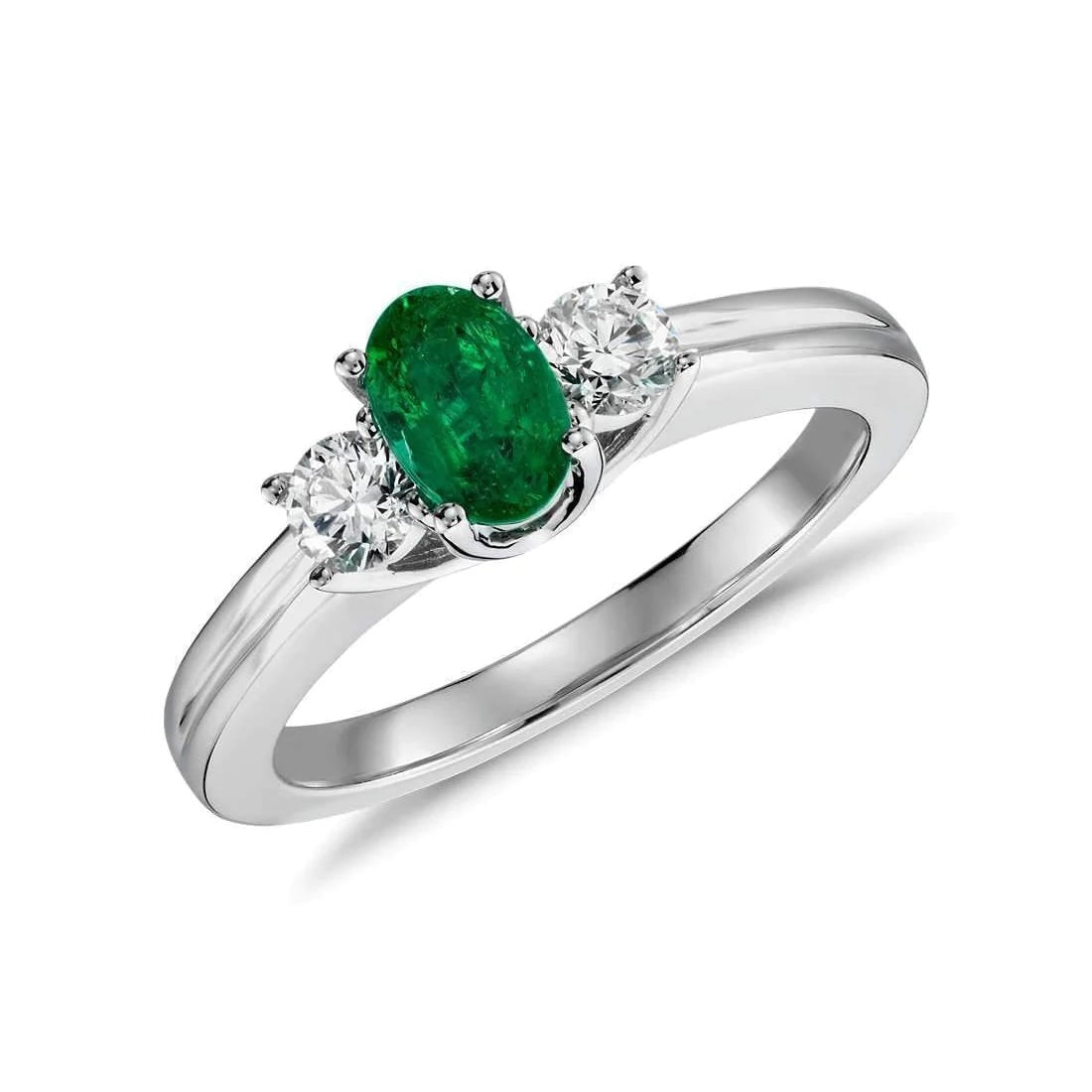 Green Emerald With Diamond Engagement Ring 3 Stone Prong Set 2.50 Ct. WG 14K