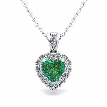 Green Emerald With Diamond Gemstone Pendant 2.85 Carats White Gold 14K
