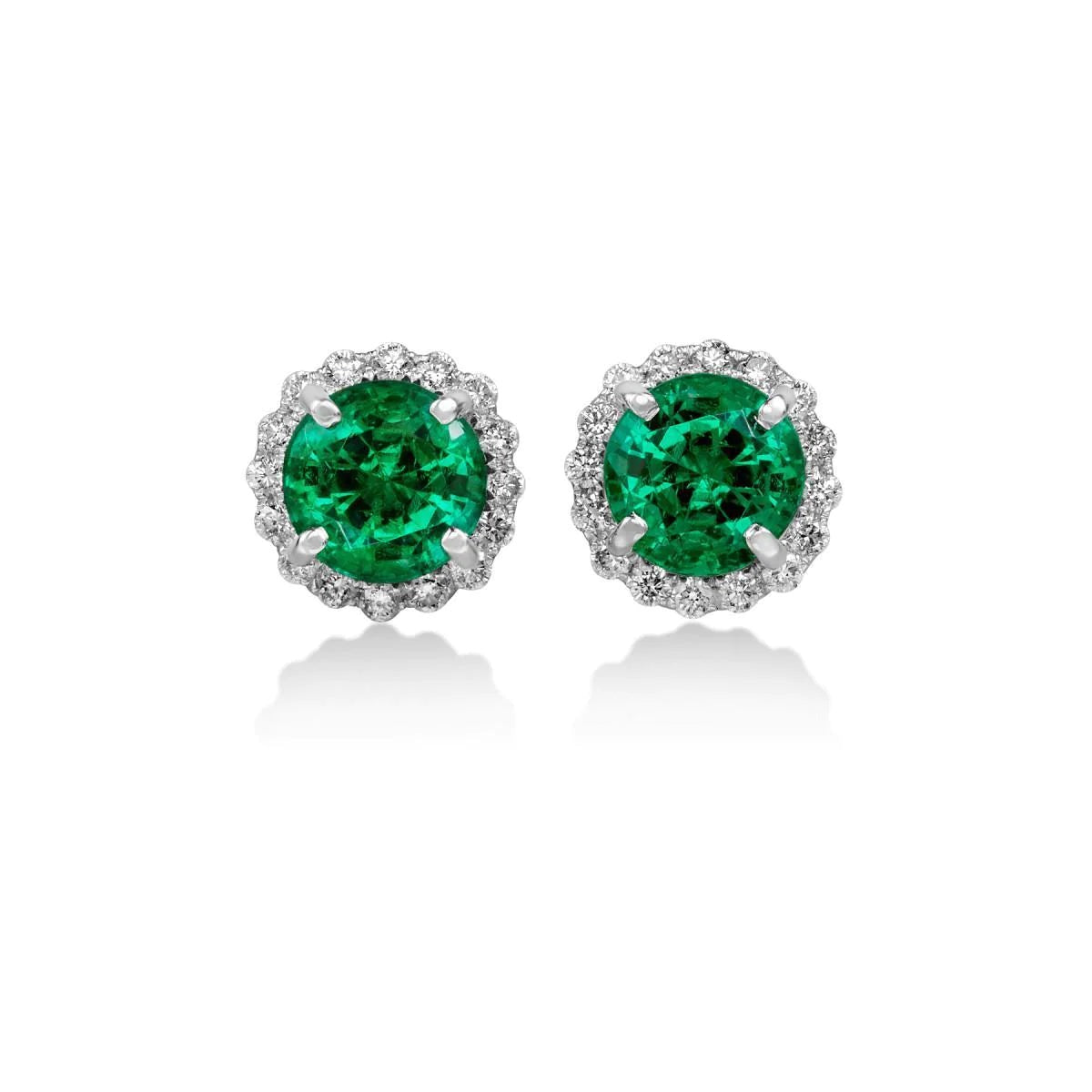 Green Emerald With Diamonds 5.80 Carats Stud Halo Earring White Gold 14K