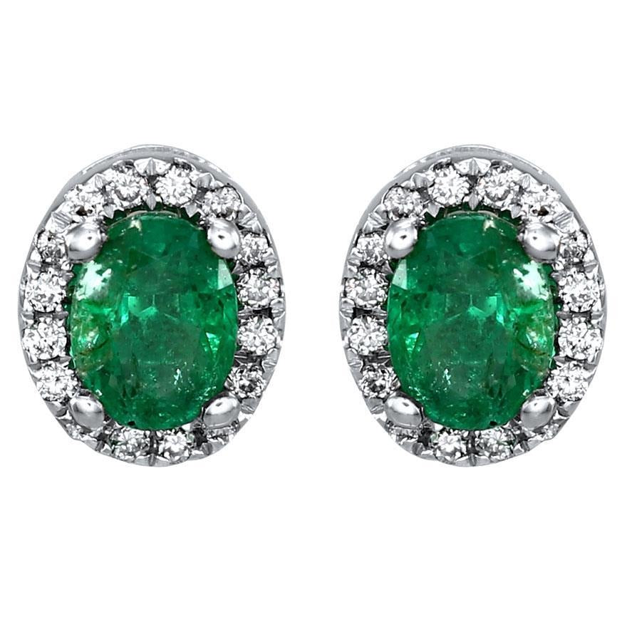 Green Emerald With Diamonds 5.90 Carats Studs Halo Earrings White Gold