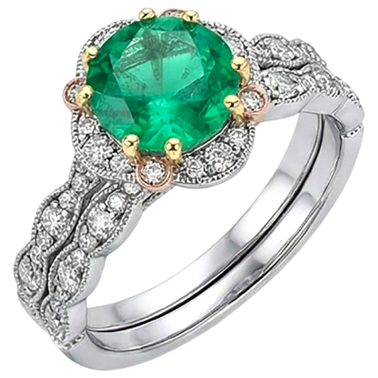 Fine Emerald Round Cut Precious Stone Ring in 14K – front view