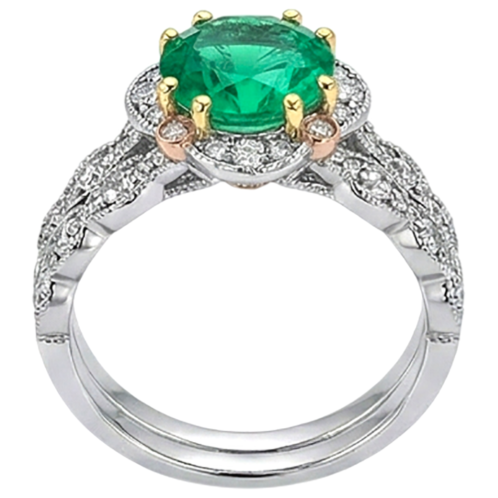 Fine Emerald Round Cut Precious Stone Ring in 14K – top view