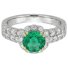 Fine Emerald Round Cut Precious Stone Ring in 14K Two Tone Gold – angle view