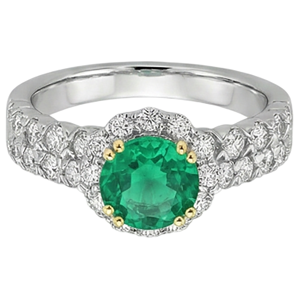 Fine Emerald Round Cut Precious Stone Ring in 14K Two Tone Gold – angle view