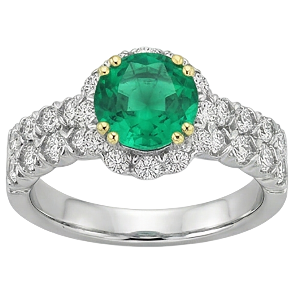 Round Cut Fine Emerald ring in 14K Two Tone Gold – top view