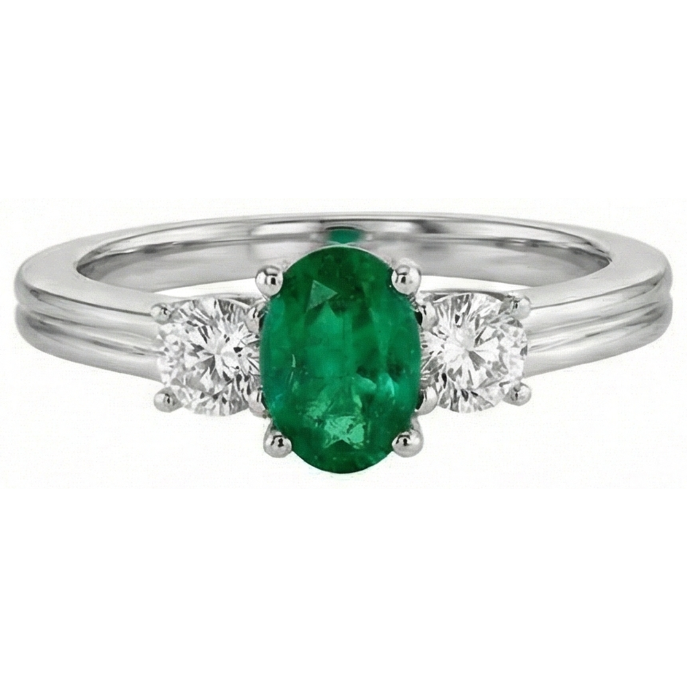 Green Emerald With Natural Earth Mined DIAMOND ( NOT LAB GROWN ) Engagement Ring 3 Stone Prong Set 2.50 Ct. WG 14K