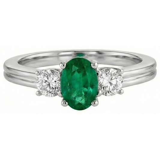 Green Emerald With Natural Earth Mined DIAMOND ( NOT LAB GROWN ) Engagement Ring 3 Stone Prong Set 2.50 Ct. WG 14K