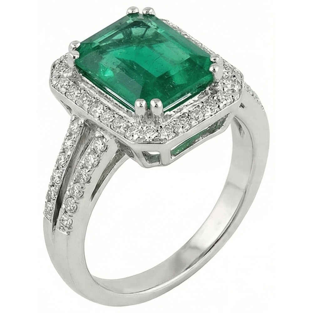 Green Emerald With Natural Earth Mined Diamond Wedding Ring White Gold 14K 8 Carats