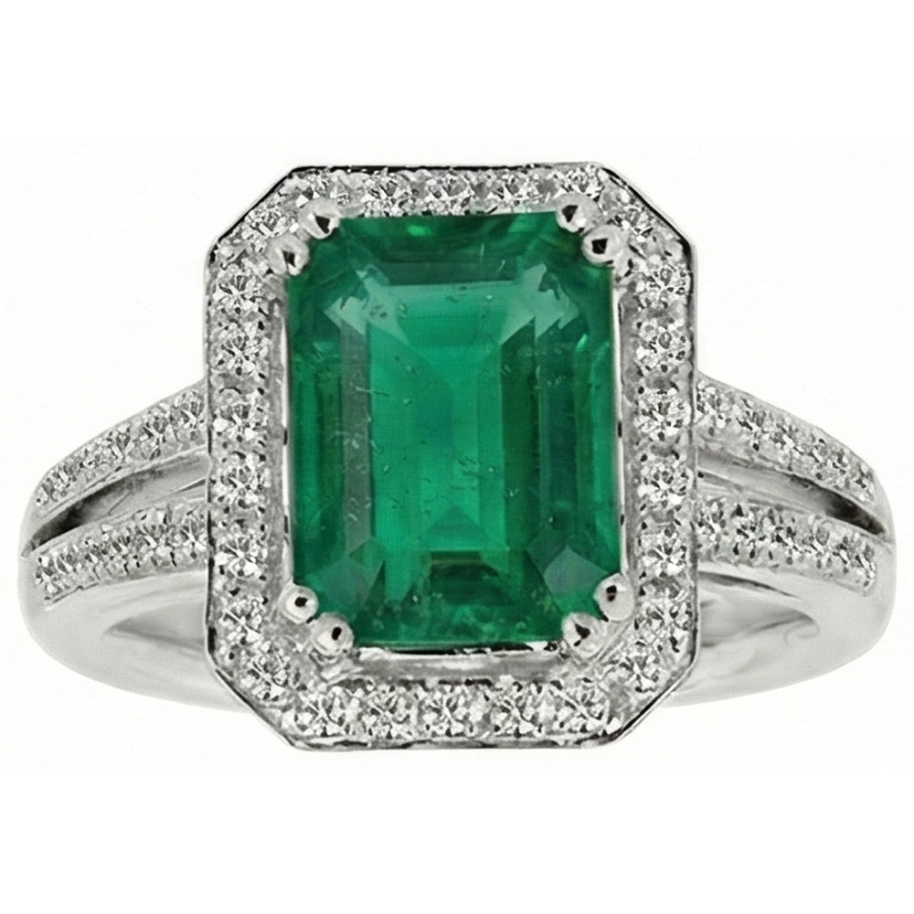 Green Emerald With Natural Earth Mined Diamond Wedding Ring White Gold 14K 8 Carats
