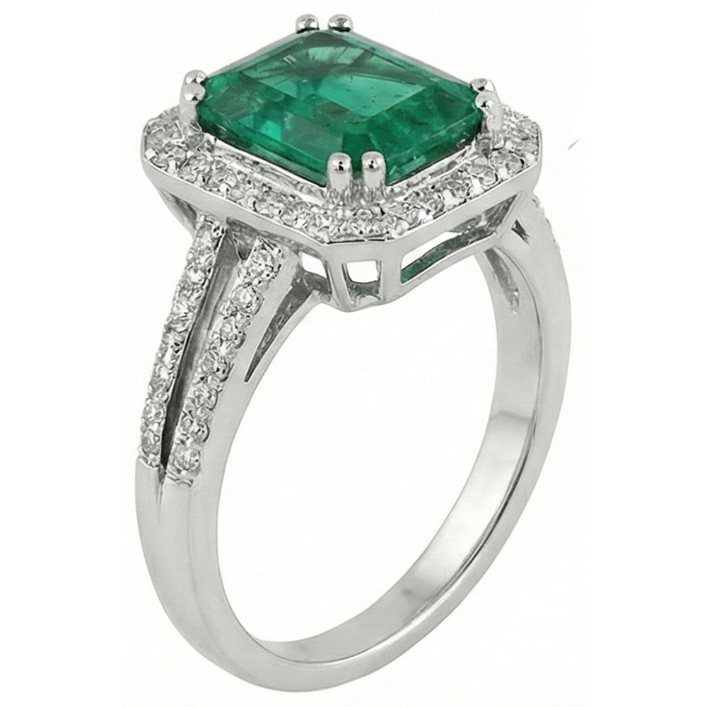 Green Emerald With Natural Earth Mined Diamond Wedding Ring White Gold 14K 8 Carats