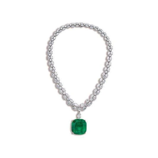 Green Emerald With Real Diamonds Women Necklace White Gold 14K 25 Ct
