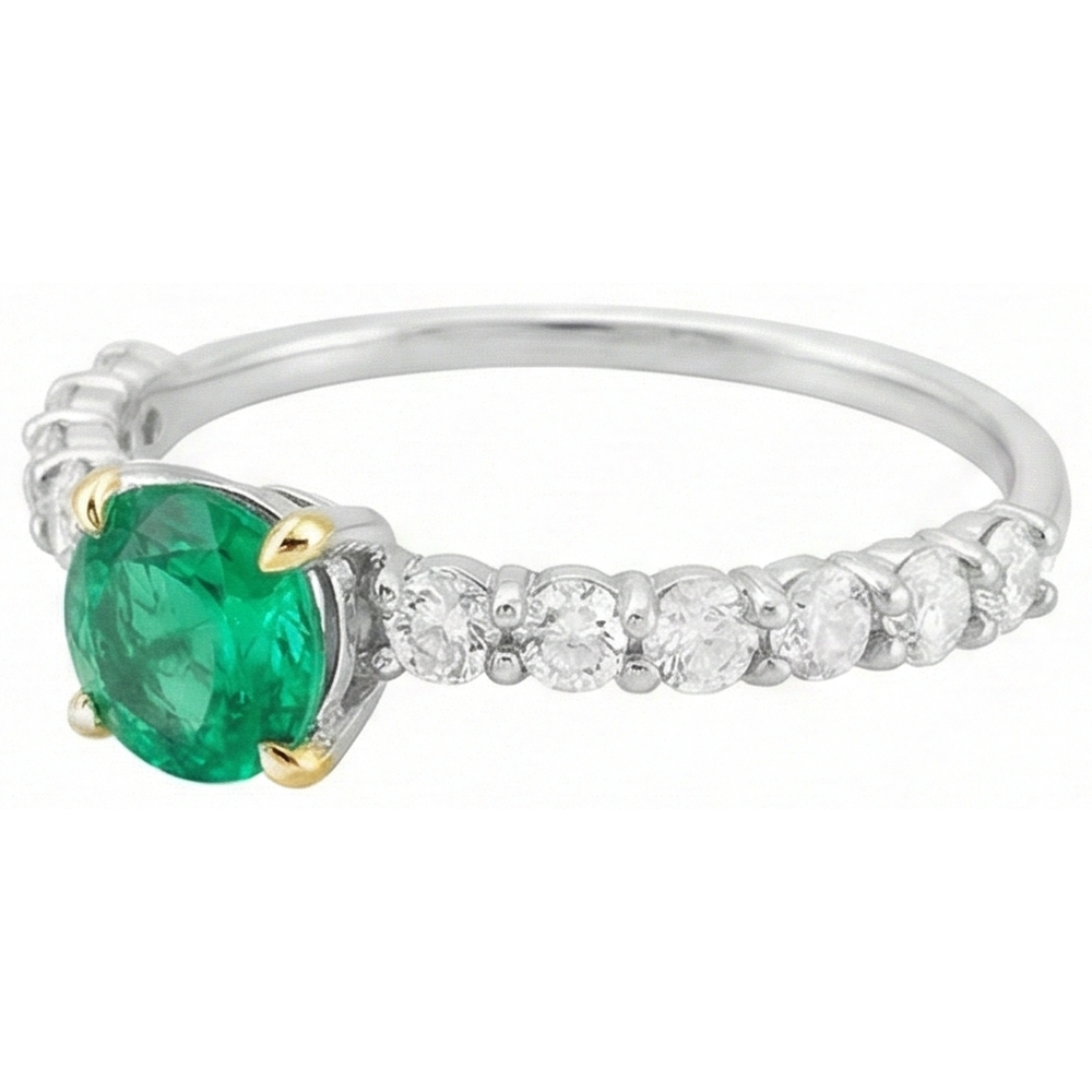 Emerald Round Brilliant Colored Stone Ring in 14K Two Tone Gold – angle view
