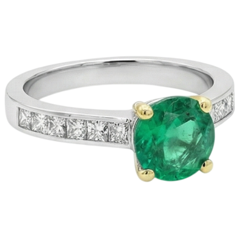 Fine Emerald Round Cut Colored Stone Ring in 14 Karat Two Tone Gold – top view