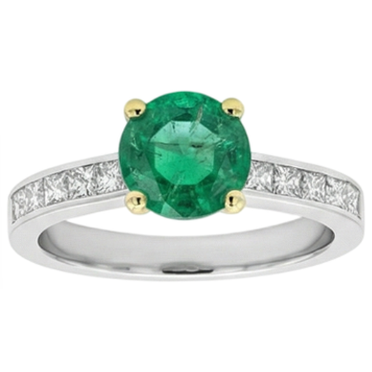 Fine Emerald Round Cut Colored Stone Ring in 14 Karat Two Tone Gold – front view