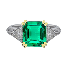Fine Emerald Step Cut Precious Stone Ring in 14 Karat Two Tone Gold – main view