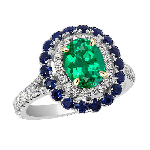 Colombian Emerald Oval Precious Stone Ring in 14 Karat Two Tone Gold – main view