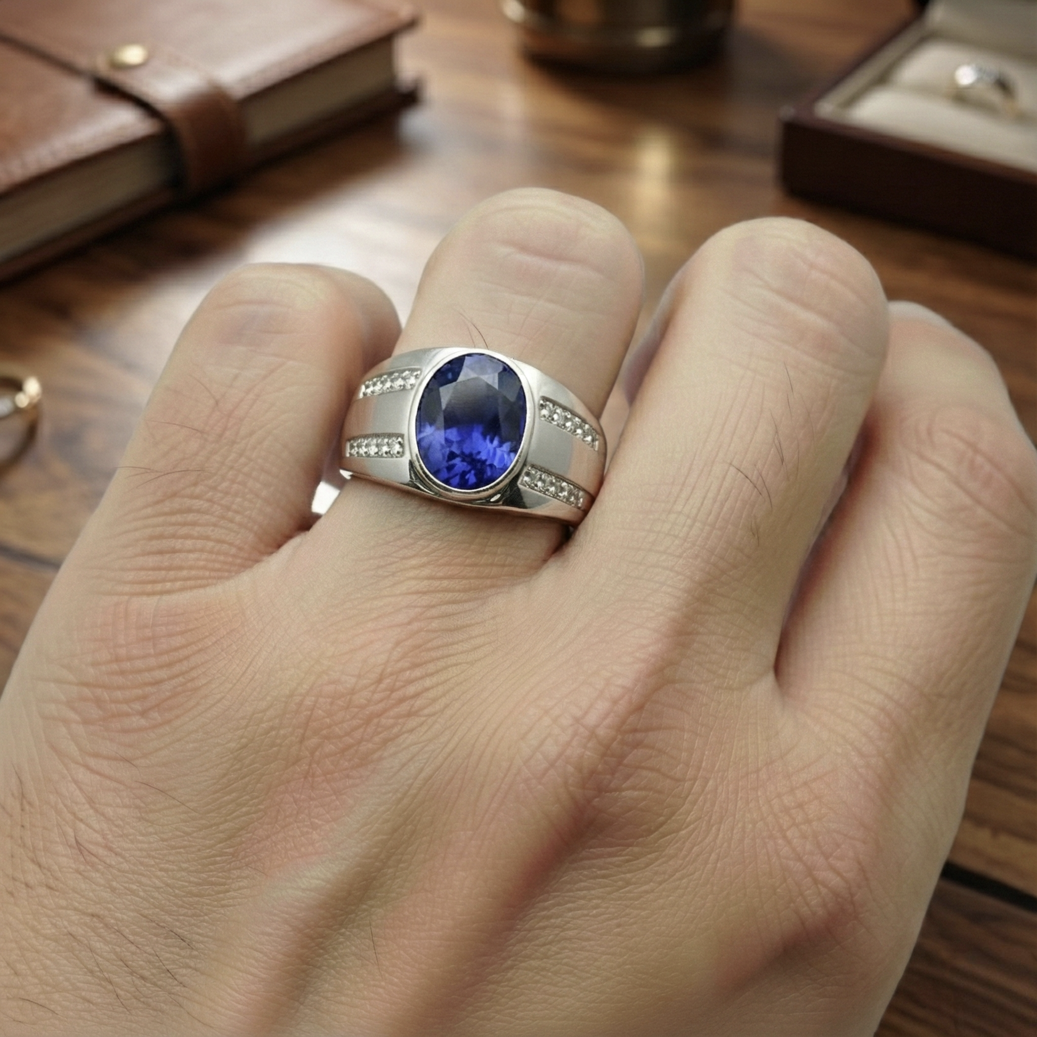 Gypsy Gemstone Vintage Style Oval Blue Sapphire Mens Natural Earth Mined Diamond Ring