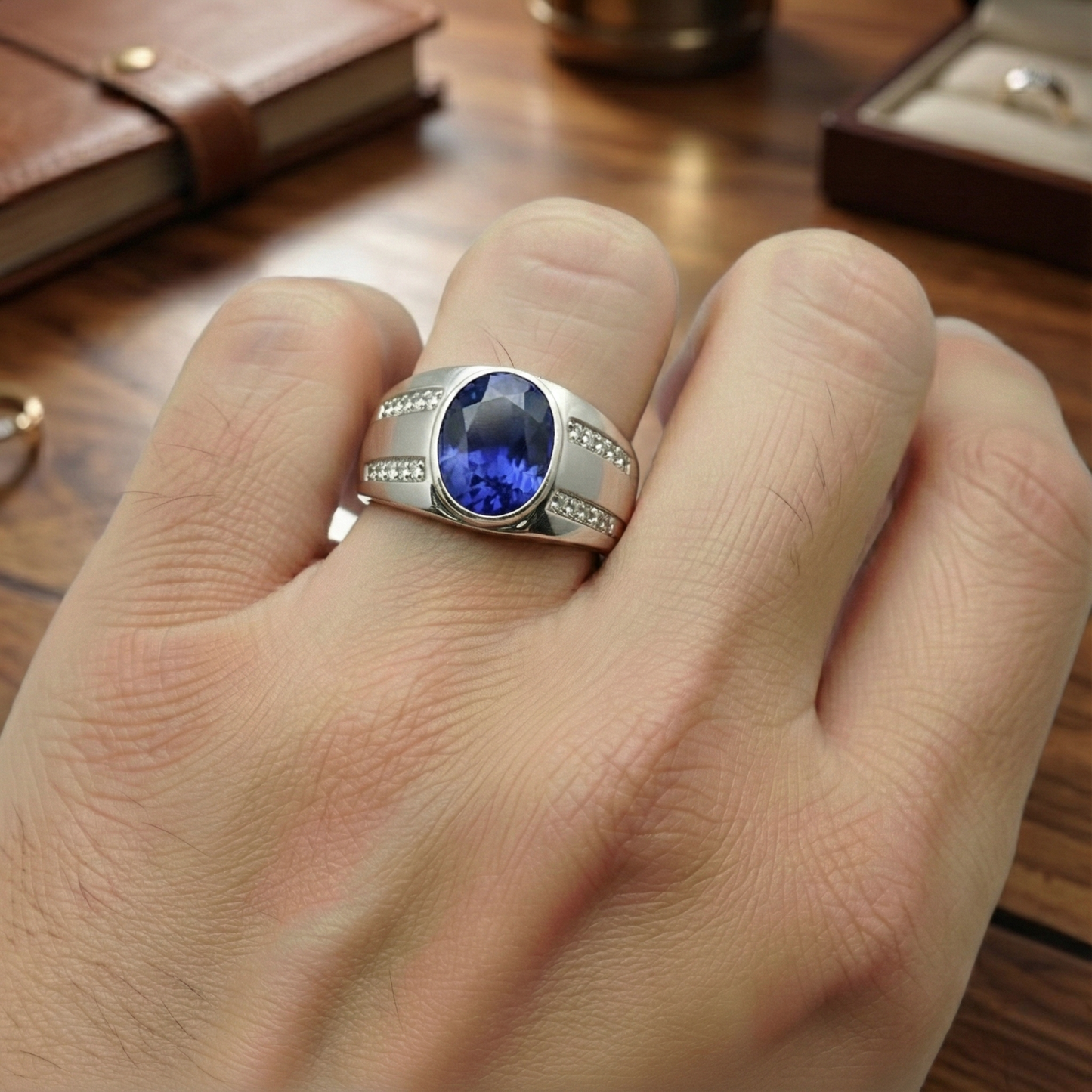 Gypsy Gemstone Vintage Style Oval Blue Sapphire Mens Natural Earth Mined Diamond Ring