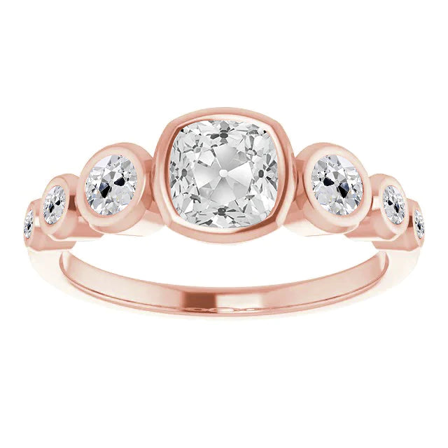 Half Eternity Band Cushion Old Cut Natural Earth Mined Diamond Bubble Ring 5.50 Carats