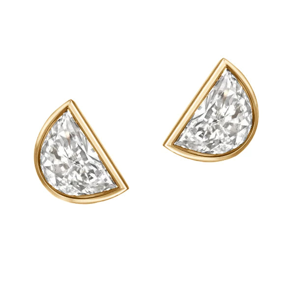 Half Moon Natural Diamond Stud Earrings White Gold Bezel Set 2 Carats