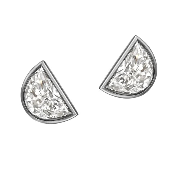 Half Moon Natural Diamond Stud Earrings White Gold Bezel Set 2 Carats