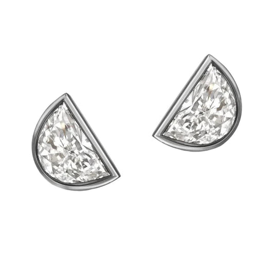 Half Moon Natural Diamond Stud Earrings White Gold Bezel Set 2 Carats