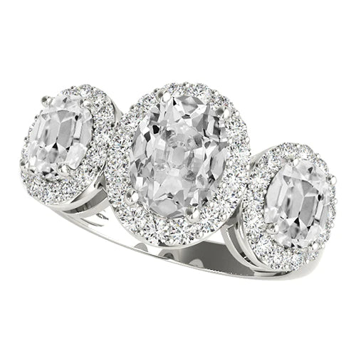 Halo 3 Stone Style Oval Old Cut Real Diamond Ring 9.50 Carats White Gold