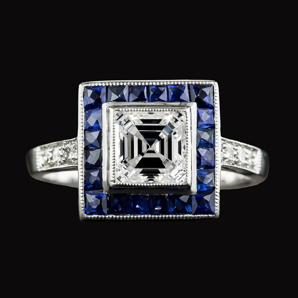 Halo Asscher Real Diamond & Trapezoid Blue Sapphires Ring 5 Carats Gold
