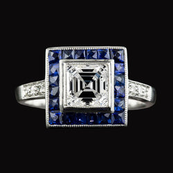 Halo Asscher Real Natural Earth Mined Diamond & Trapezoid Blue Sapphires Ring 5 Carats Gold