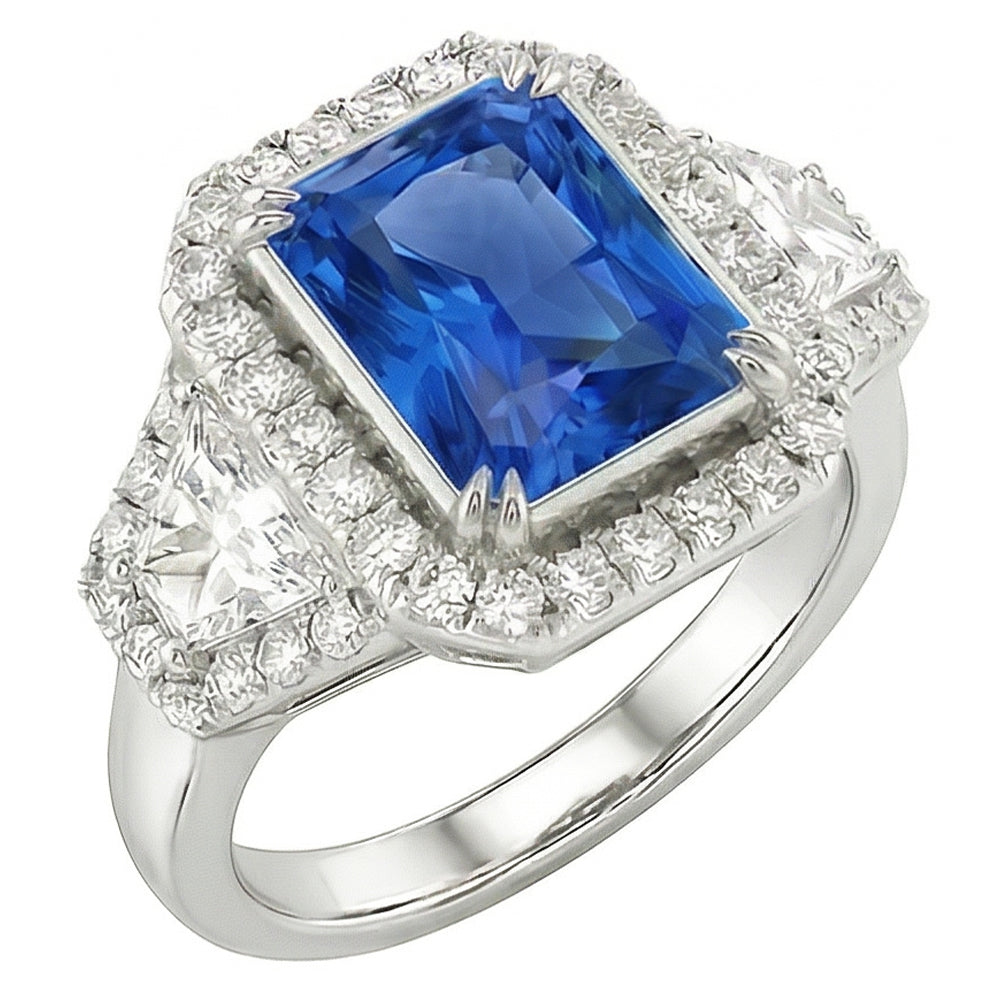 Halo Bezel Set Blue Sapphire Ring 4.50 Carats Trapezoid & Round Natural Earth Mined Diamond