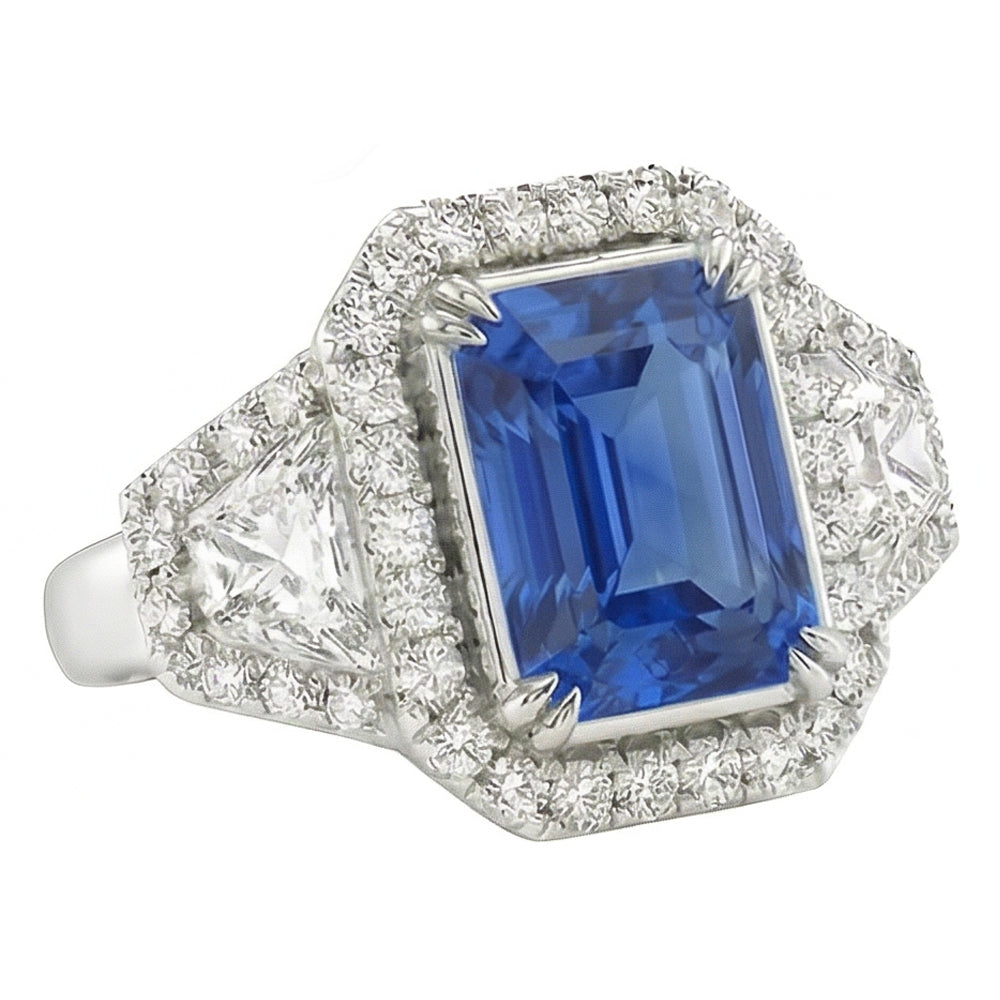 Halo Bezel Set Blue Sapphire Ring 4.50 Carats Trapezoid & Round Natural Earth Mined Diamond