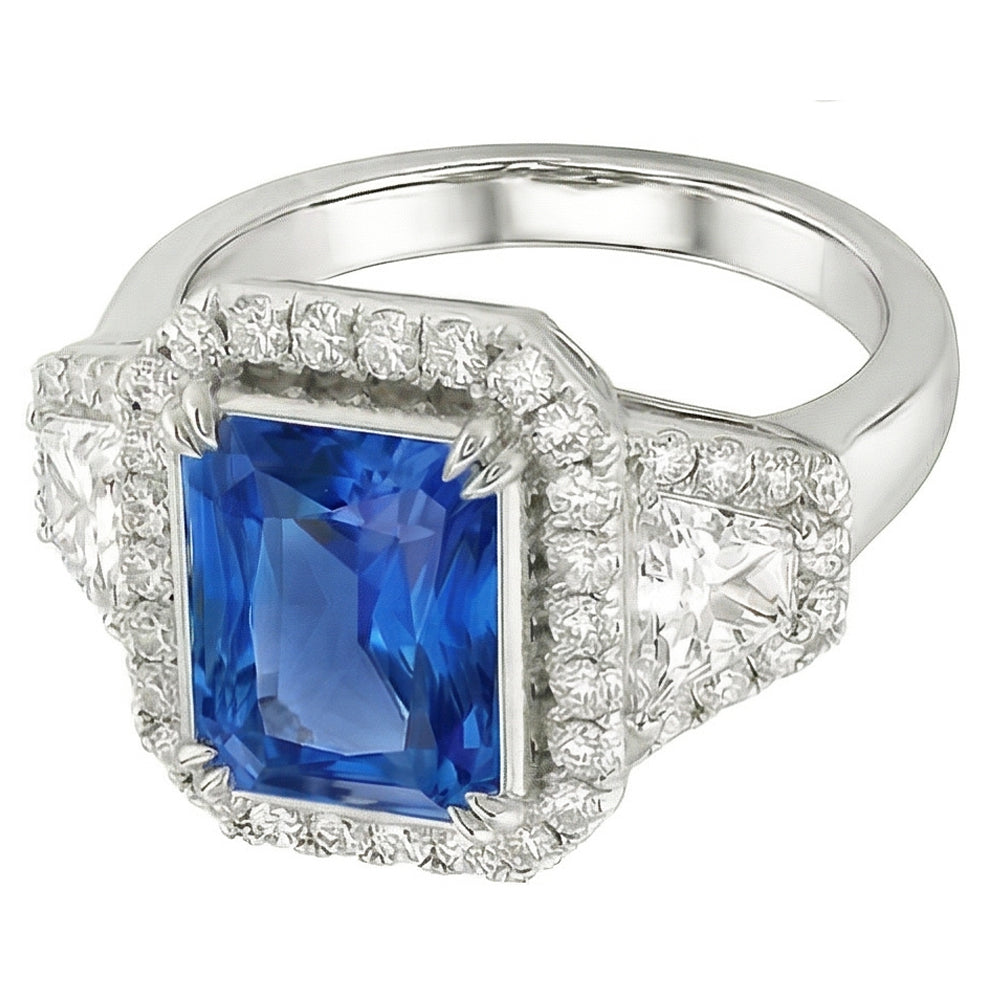 Halo Bezel Set Blue Sapphire Ring 4.50 Carats Trapezoid & Round Natural Earth Mined Diamond