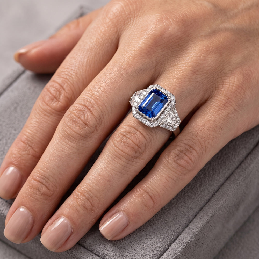 Halo Bezel Set Blue Sapphire Ring 4.50 Carats Trapezoid & Round Natural Earth Mined Diamond