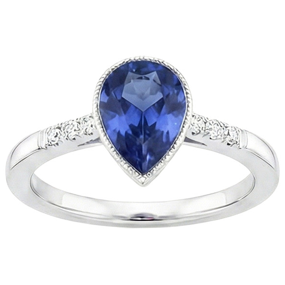 Halo Bezel Set Ring Pear Sri Lankan Sapphire & Natural Earth Mined Diamonds 2.50 Carats