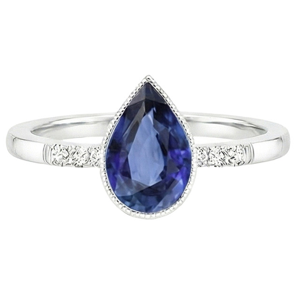 Halo Bezel Set Ring Pear Sri Lankan Sapphire & Natural Earth Mined Diamonds 2.50 Carats