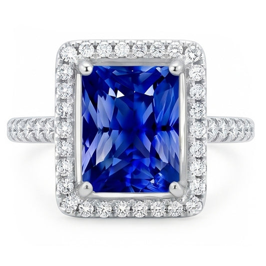 Halo Blue Sapphire Engagement Ring Radiant & Natural Earth Mined Diamonds 3.50 Carats