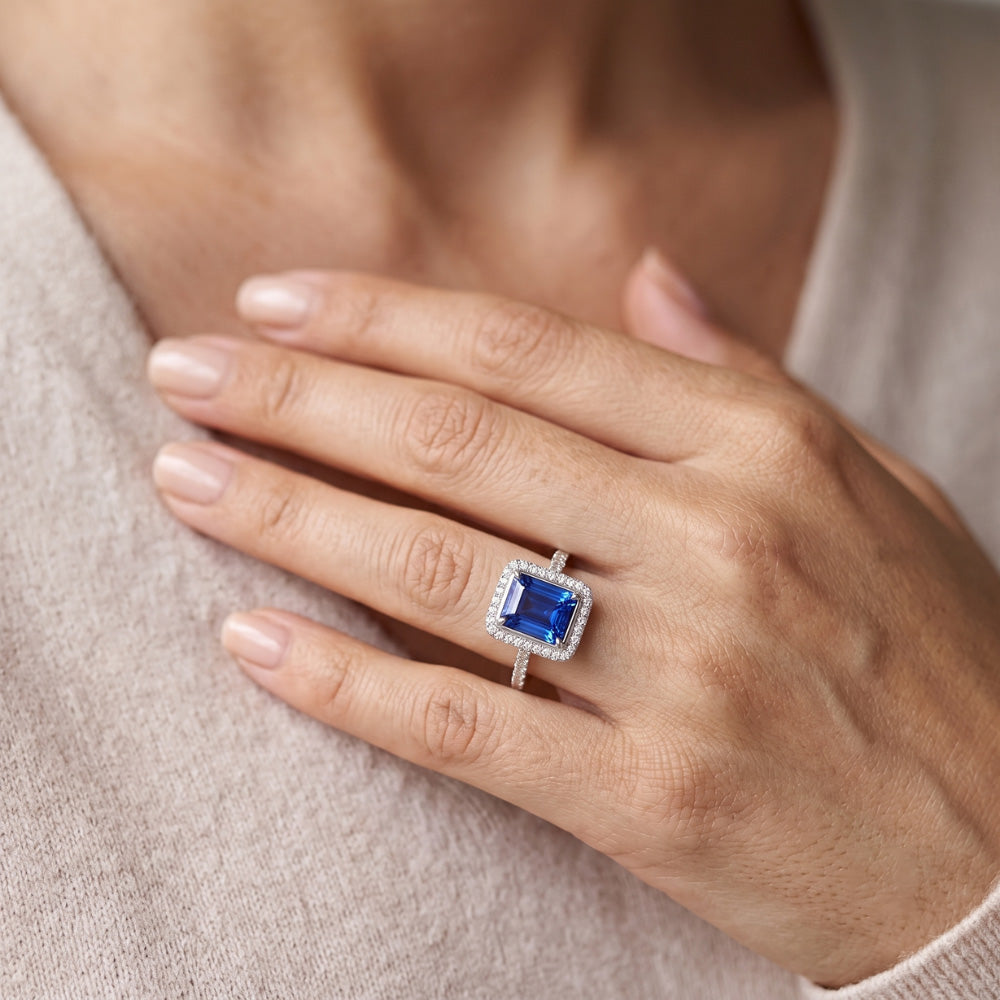 Halo Blue Sapphire Engagement Ring Radiant & Natural Earth Mined Diamonds 3.50 Carats