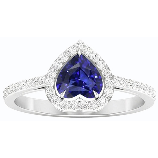 Halo Blue Sapphire Heart Ring & Pave Set Natural Earth Mined Diamonds 2.50 Carats