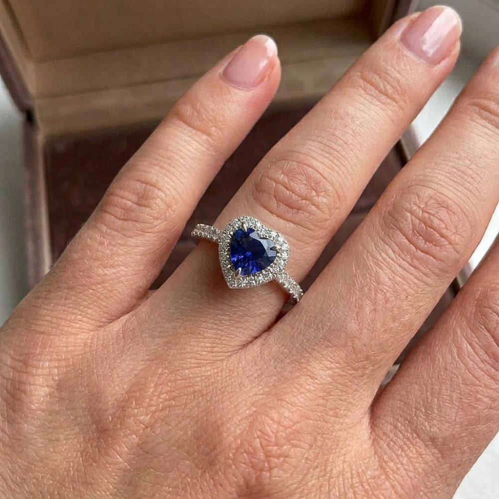 Halo Blue Sapphire Heart Ring & Pave Set Natural Earth Mined Diamonds 2.50 Carats